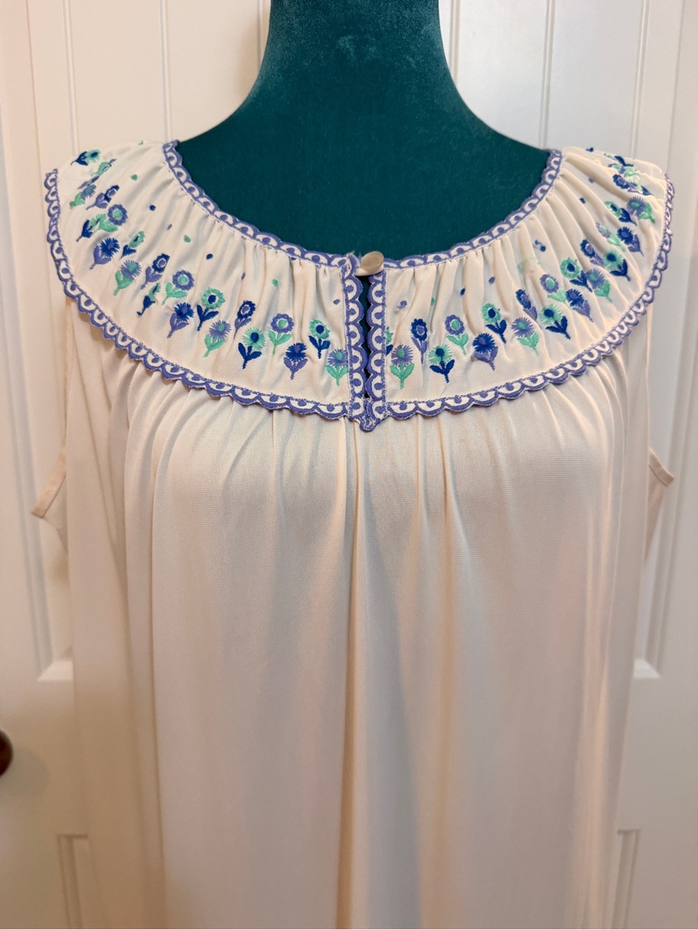 Komar Cream Nightgown, Blue and Green Floral Scalloped Embroidered Gown Medium